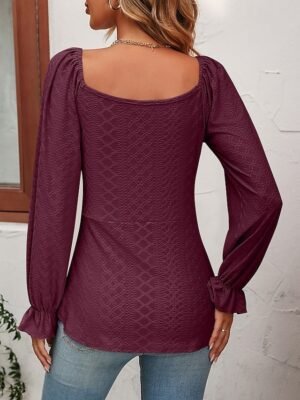 Fashion Regular Fit Solid V Neck Long Sleeve Tunic Blouse - Image 31