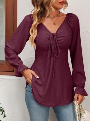 Fashion Regular Fit Solid V Neck Long Sleeve Tunic Blouse - Image 6
