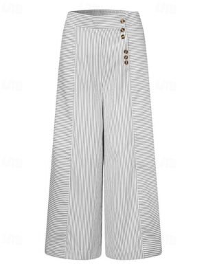 Fashion Regular Fit Striped Elastic Waist Full Length Culottes - Image 2