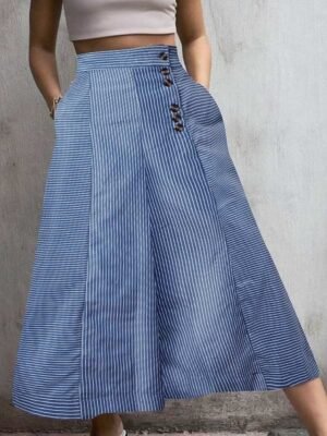 Fashion Regular Fit Striped Elastic Waist Full Length Culottes - Image 4