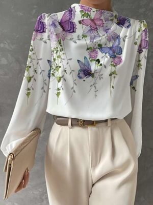 Fashion Regular Floral Butterfly Print Round Neck Long Sleeve Blouse - Image 1