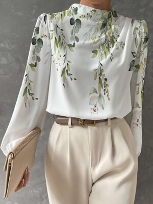 Fashion Regular Floral Butterfly Print Round Neck Long Sleeve Blouse - Image 2