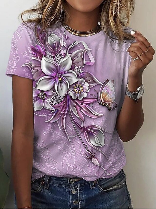 Fashion Regular Floral Butterfly Print Round Neck Short Sleeve Top - Image 2