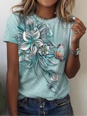 Fashion Regular Floral Butterfly Print Round Neck Short Sleeve Top - Image 3