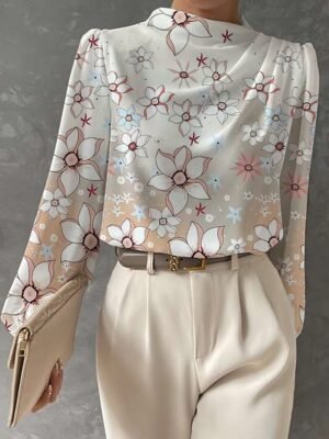 Fashion Regular Floral Butterfly Print Round Neck Long Sleeve Blouse - Image 3
