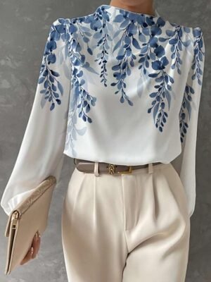 Fashion Regular Floral Butterfly Print Round Neck Long Sleeve Blouse - Image 4