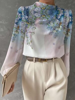Fashion Regular Floral Butterfly Print Round Neck Long Sleeve Blouse - Image 5