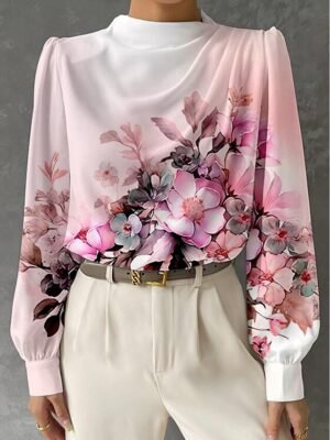 Fashion Regular Floral Crew Neck Long Sleeve Blouse - Image 2