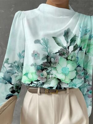 Fashion Regular Floral Crew Neck Long Sleeve Blouse - Image 4