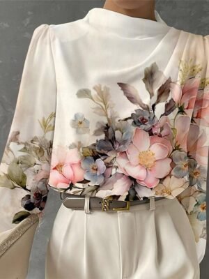 Fashion Regular Floral Crew Neck Long Sleeve Blouse - Image 6
