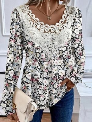 Fashion Regular Floral Lace V Neck Long Sleeve Tunic Blouse - Image 1