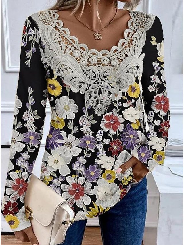 Fashion Regular Floral Lace V Neck Long Sleeve Tunic Blouse - Image 2