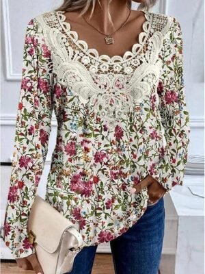 Fashion Regular Floral Lace V Neck Long Sleeve Tunic Blouse - Image 3