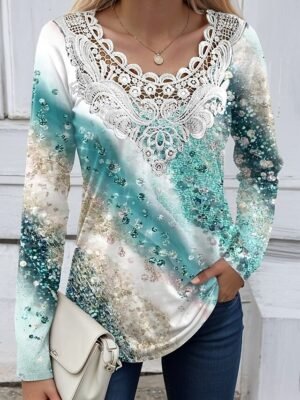 Fashion Regular Floral Lace V Neck Long Sleeve Tunic Blouse - Image 4