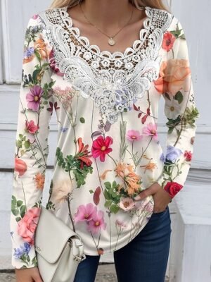 Fashion Regular Floral Lace V Neck Long Sleeve Tunic Blouse - Image 5