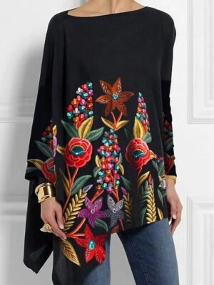Fashion Regular Floral Off Shoulder Asymmetrical Long Sleeve Tunic Top - Image 1