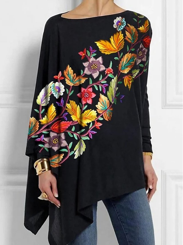 Fashion Regular Floral Off Shoulder Asymmetrical Long Sleeve Tunic Top - Image 2