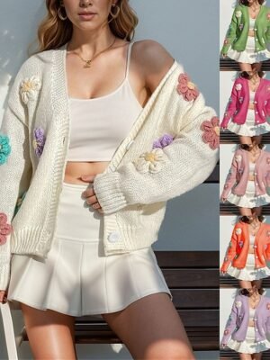 Fashion Regular Floral Open Front Long Sleeve Knit Cardigan - Image 1