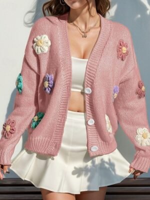 Fashion Regular Floral Open Front Long Sleeve Knit Cardigan - Image 11