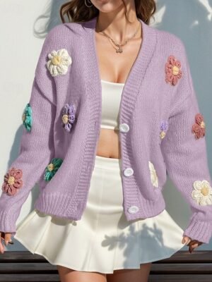 Fashion Regular Floral Open Front Long Sleeve Knit Cardigan - Image 17