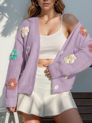 Fashion Regular Floral Open Front Long Sleeve Knit Cardigan - Image 19