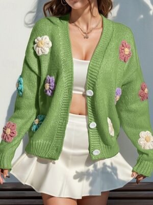Fashion Regular Floral Open Front Long Sleeve Knit Cardigan - Image 5
