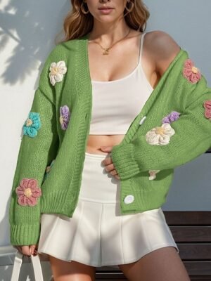 Fashion Regular Floral Open Front Long Sleeve Knit Cardigan - Image 6