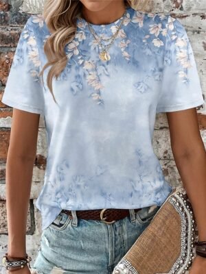 Fashion Regular Floral Round Neck Short Sleeve Summer T-Shirt - Image 1