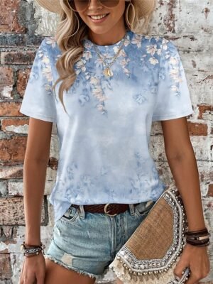 Fashion Regular Floral Round Neck Short Sleeve Summer T-Shirt - Image 2