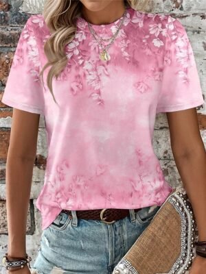 Fashion Regular Floral Round Neck Short Sleeve Summer T-Shirt - Image 3