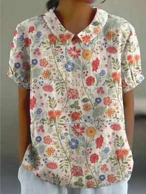 Fashion Regular Floral Round Neck Short Sleeve Summer T-Shirt - Image 3