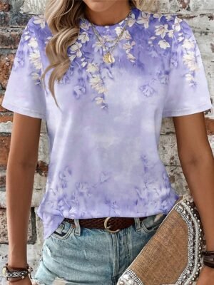Fashion Regular Floral Round Neck Short Sleeve Summer T-Shirt - Image 4