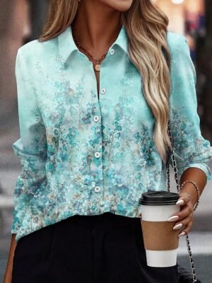 Fashion Regular Floral Shirt Collar Long Sleeve Blouse - Image 9