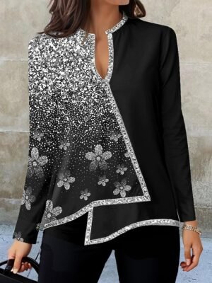 Fashion Regular Floral V Neck Long Sleeve Asymmetric Hem Blouse - Image 2