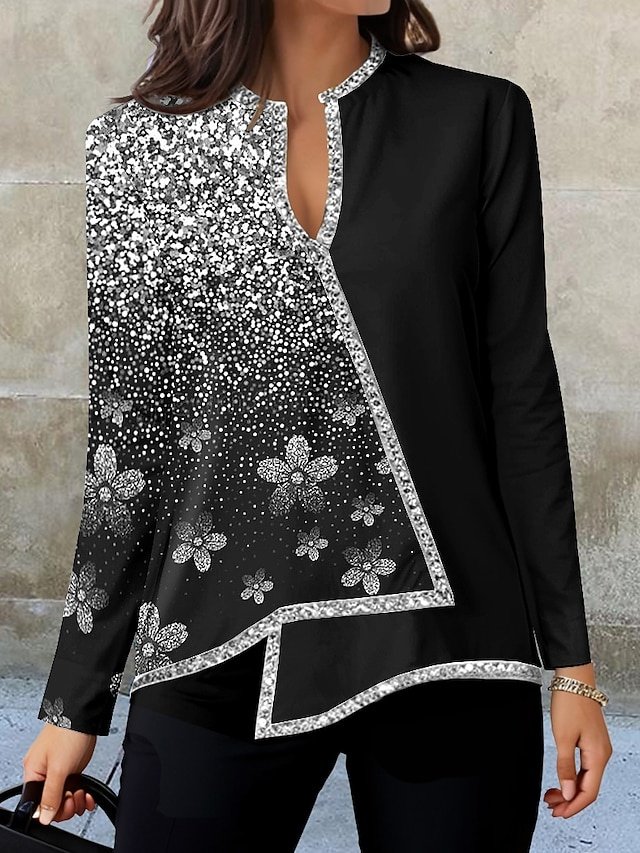 Fashion Regular Floral V Neck Long Sleeve Asymmetric Hem Blouse - Image 2