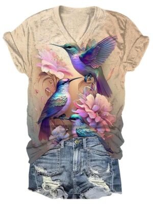 Fashion Regular Floral V Neck Short Sleeve Tops - Image 1