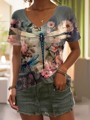 Fashion Regular Floral V Neck Short Sleeve Tops - Image 2