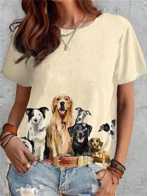 Fashion Regular Funny Dog Print Round Neck Short Sleeve Top - Image 1