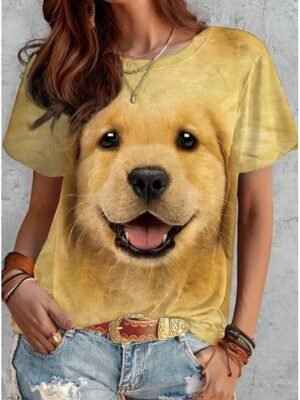 Fashion Regular Funny Dog Print Round Neck Short Sleeve Top - Image 3