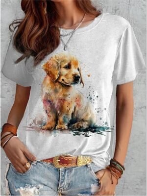 Fashion Regular Funny Dog Print Round Neck Short Sleeve Top - Image 4