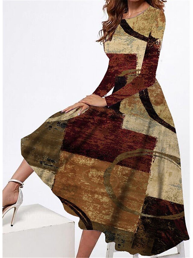 Fashion Regular Geometric Crew Neck Long Sleeve Midi Dress - Image 1