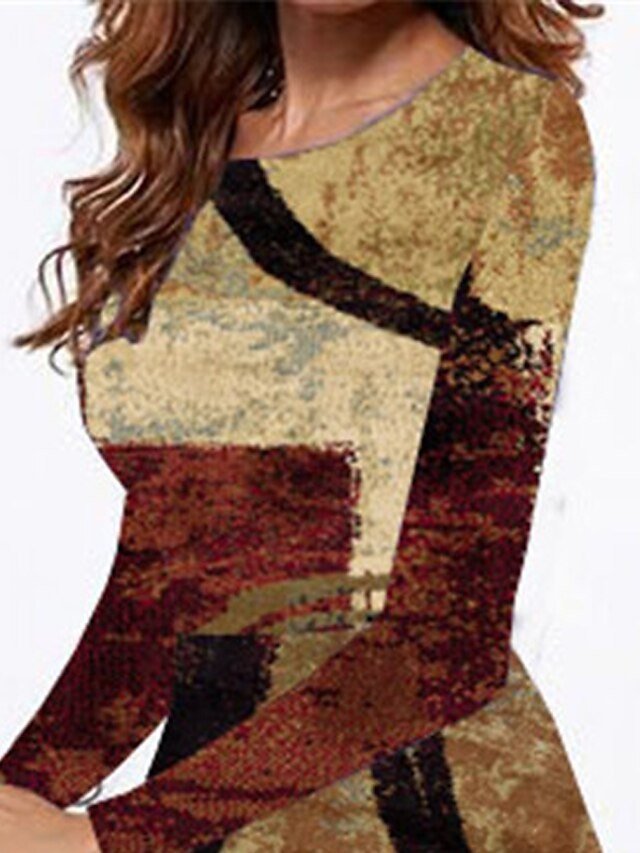 Fashion Regular Geometric Crew Neck Long Sleeve Midi Dress - Image 2