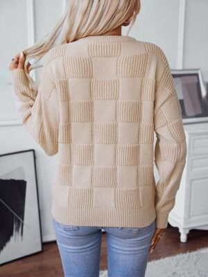Fashion Regular Geometric Crew Neck Long Sleeve Knitted Top - Image 3