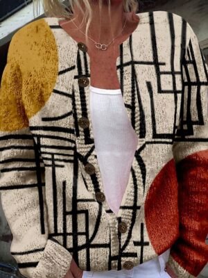 Fashion Regular Geometric Open Front Long Sleeve Cardigan - Image 3