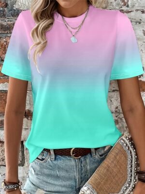 Fashion Regular Gradient Round Neck Short Sleeve Summer Top - Image 1