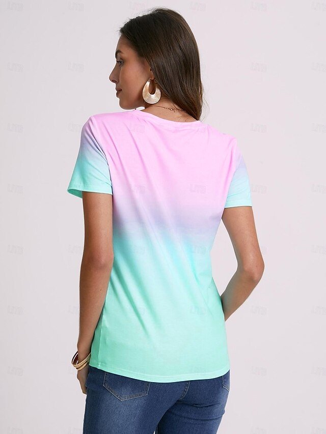 Fashion Regular Gradient Round Neck Short Sleeve Summer Top - Image 2