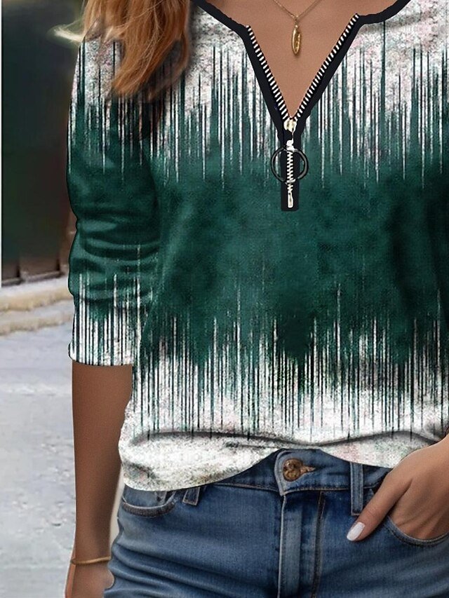 Fashion Regular Gradient V Neck Long Sleeve Quarter Zip Top - Image 2