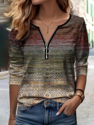 Fashion Regular Graphic V Neck Long Sleeve Quarter Zip Top - Image 3