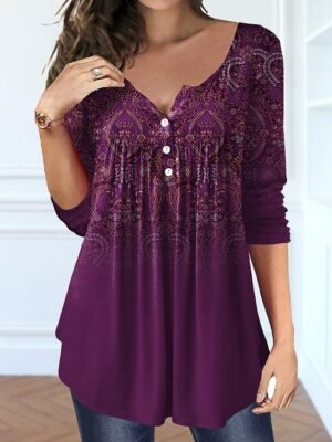 Fashion Regular Graphic V Neck Long Sleeve Tunic Top - Image 4