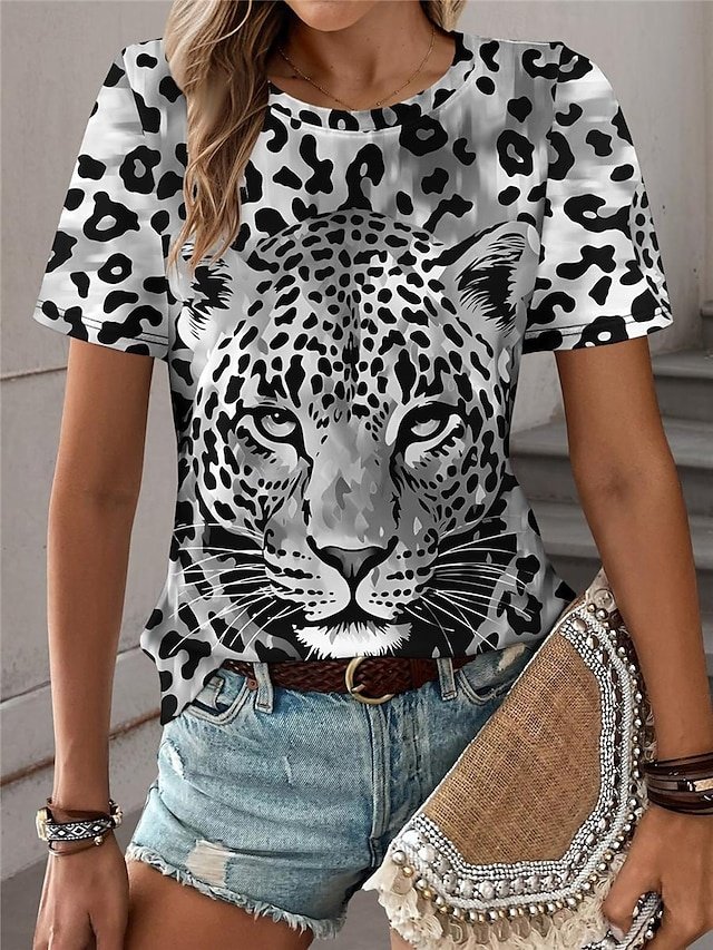 Fashion Regular Leopard Crew Neck Short Sleeve Top - Image 1